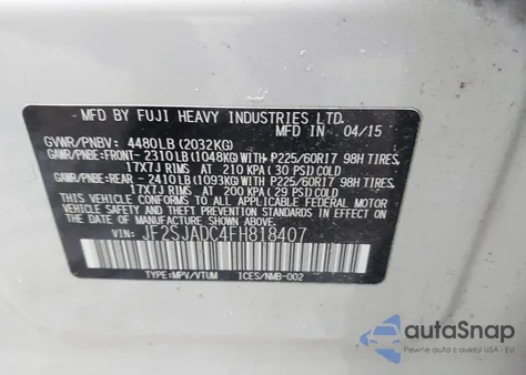 2015 Subaru Forester 2.5I Premium z USA, uszkodzony, nr VIN JF2SJADC4FH818407